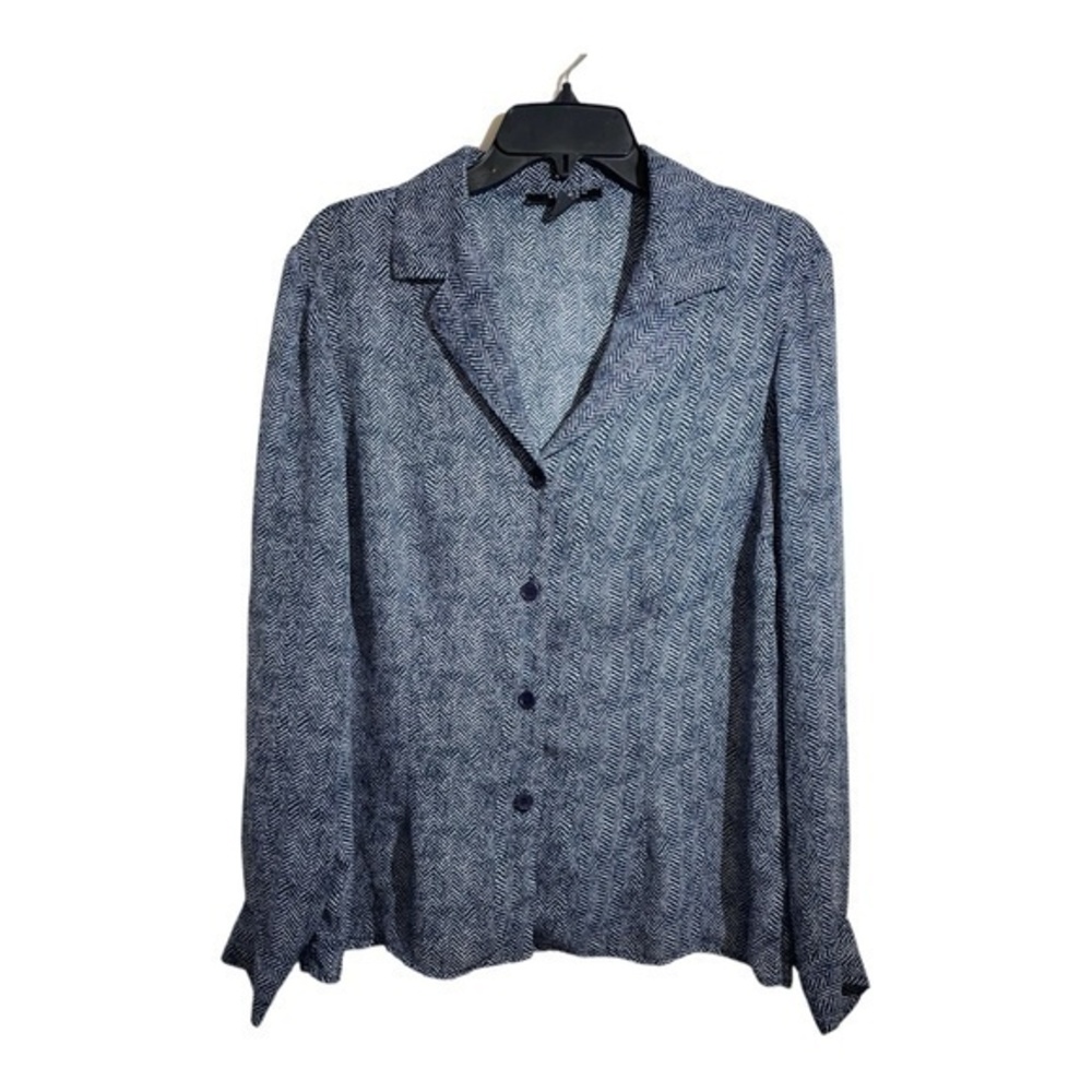Louben Womens Blouse Button Down Vintage Blue Chevron Print Size 14W